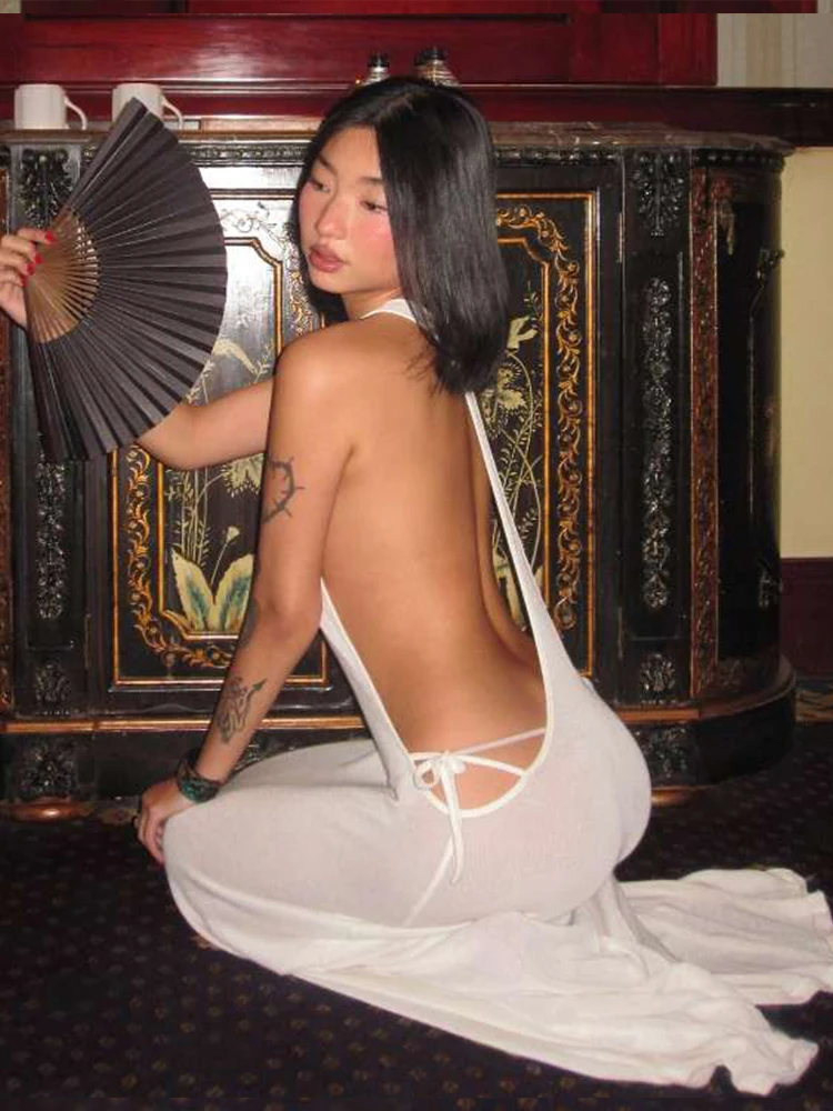 Cutenew – robe fine dos nu pour femmes, fente latérale, col licou, sans taille, à lacets, Sexy, plage, vacances, extensible, Slim, Clubwear, été