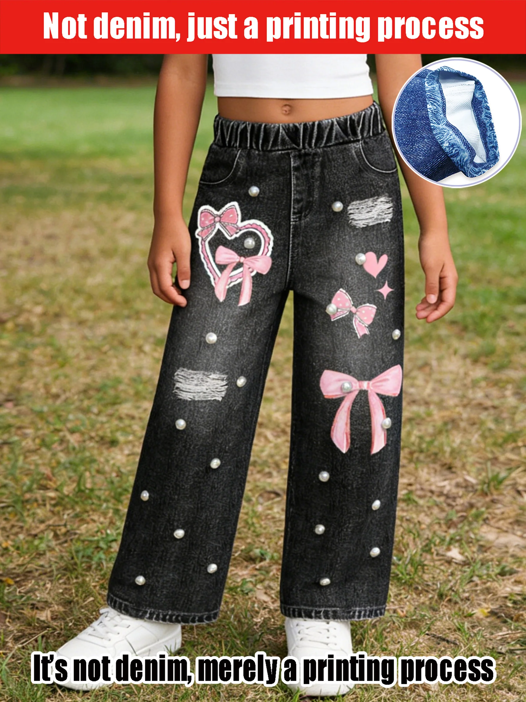 

2026 children's black imitation denim elastic waist wide-leg pants, old and broken