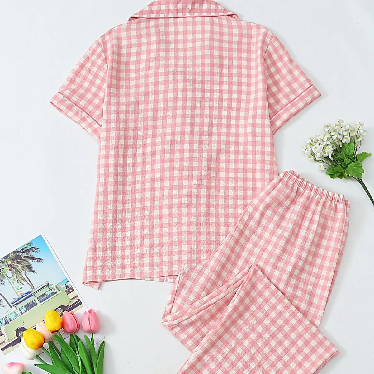 Women's Bubble Pleated Plaid Open Cardigan Nightgown Set Short Sleeve Long Pants Home Comfortable Breathable Sleepwear