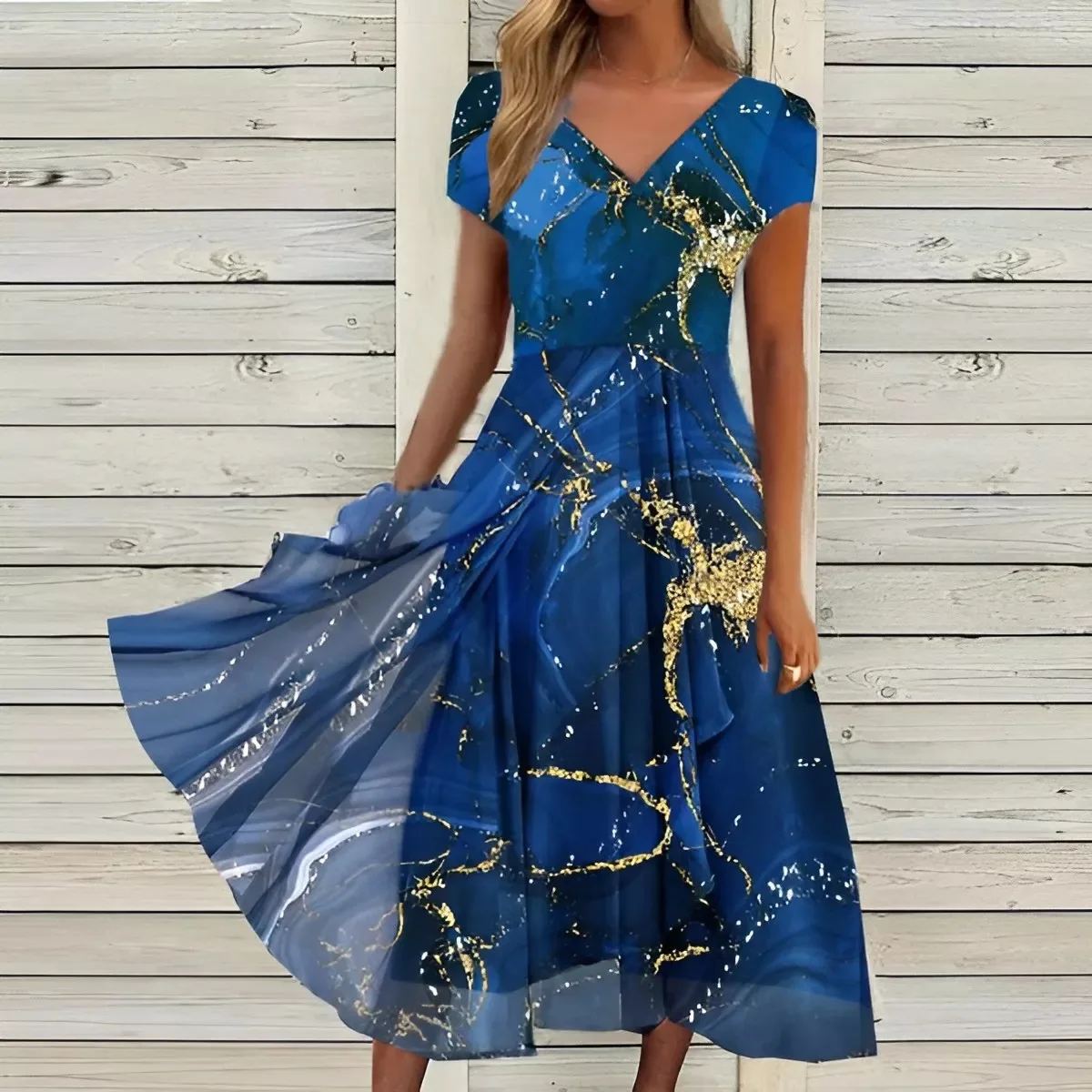 

Elegant Women Summer Long Dress Large Size Sexy Flowy Beach Sundress Plus Size Printed V-Neck Short Sleeve Party Dresses Vestido