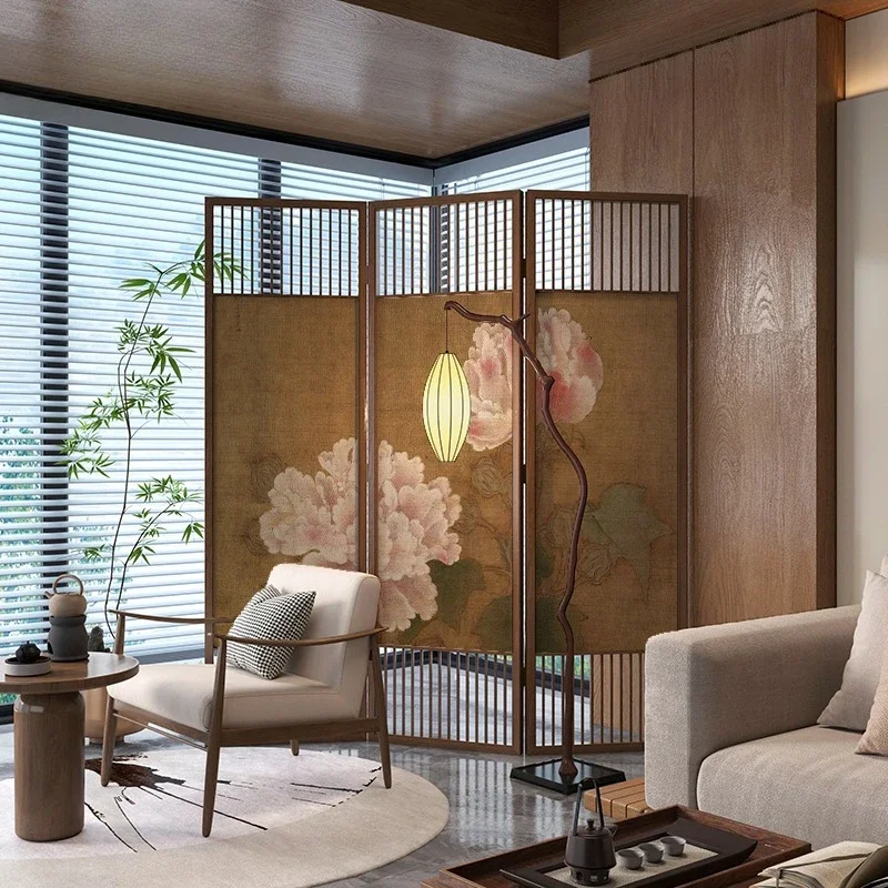 New Chinese retro flower solid wood partition living room bedroom sofa home cover entrance entrance folding