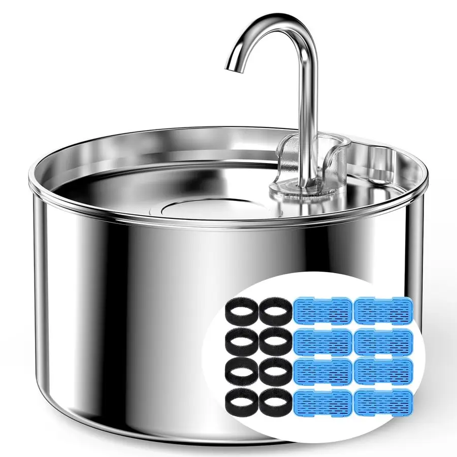

Water Fountain Stainless Steel 8 filters 8 Sponges Pet Water Fountains Faucet Metal Automatic Cat Dog Waterer Bowls Pets Waterin