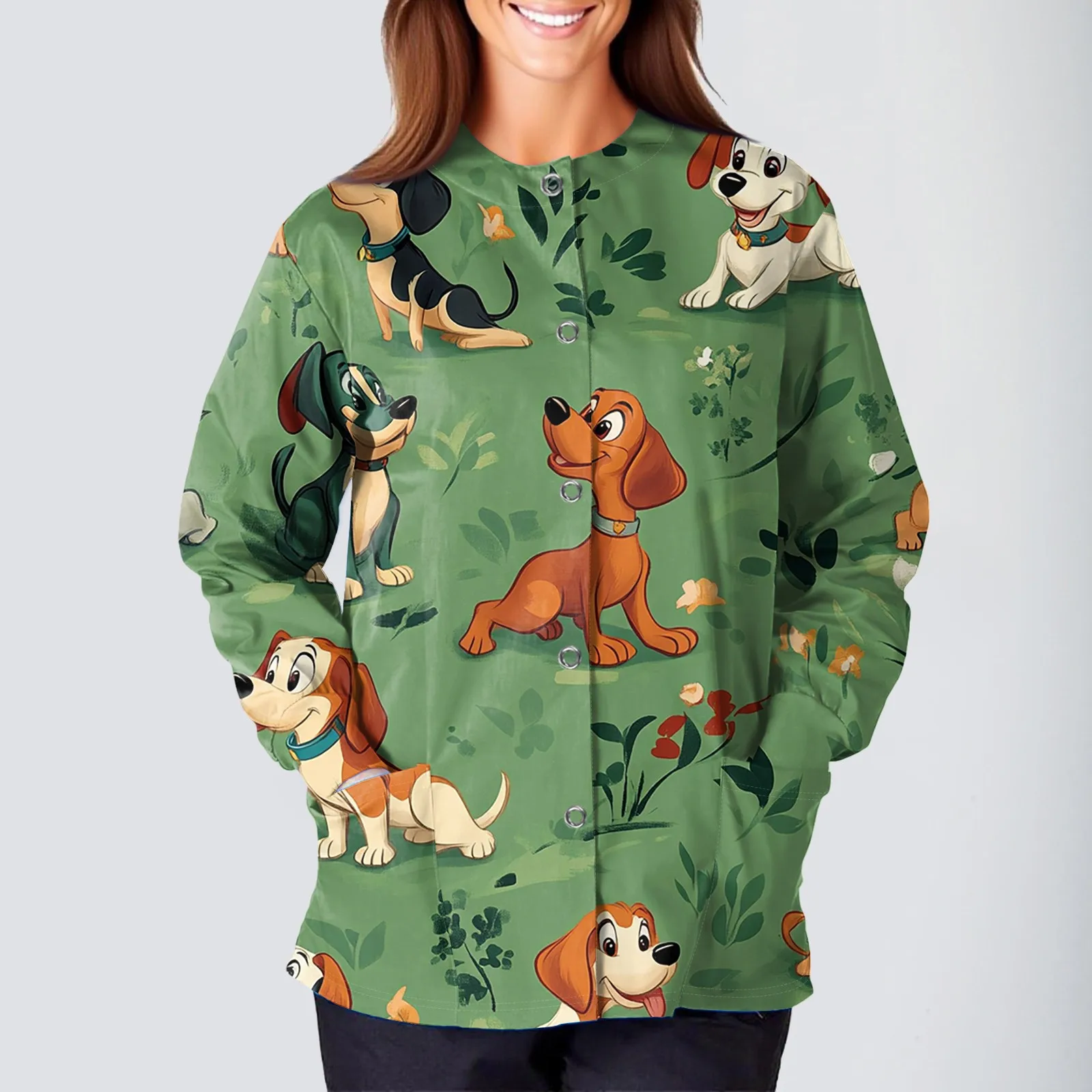 Blus Wanita Lengan Panjang Kerah O Seragam Atasan Fashion Motif Kartun Kostum Perawat Jaket Seragam Kerja
