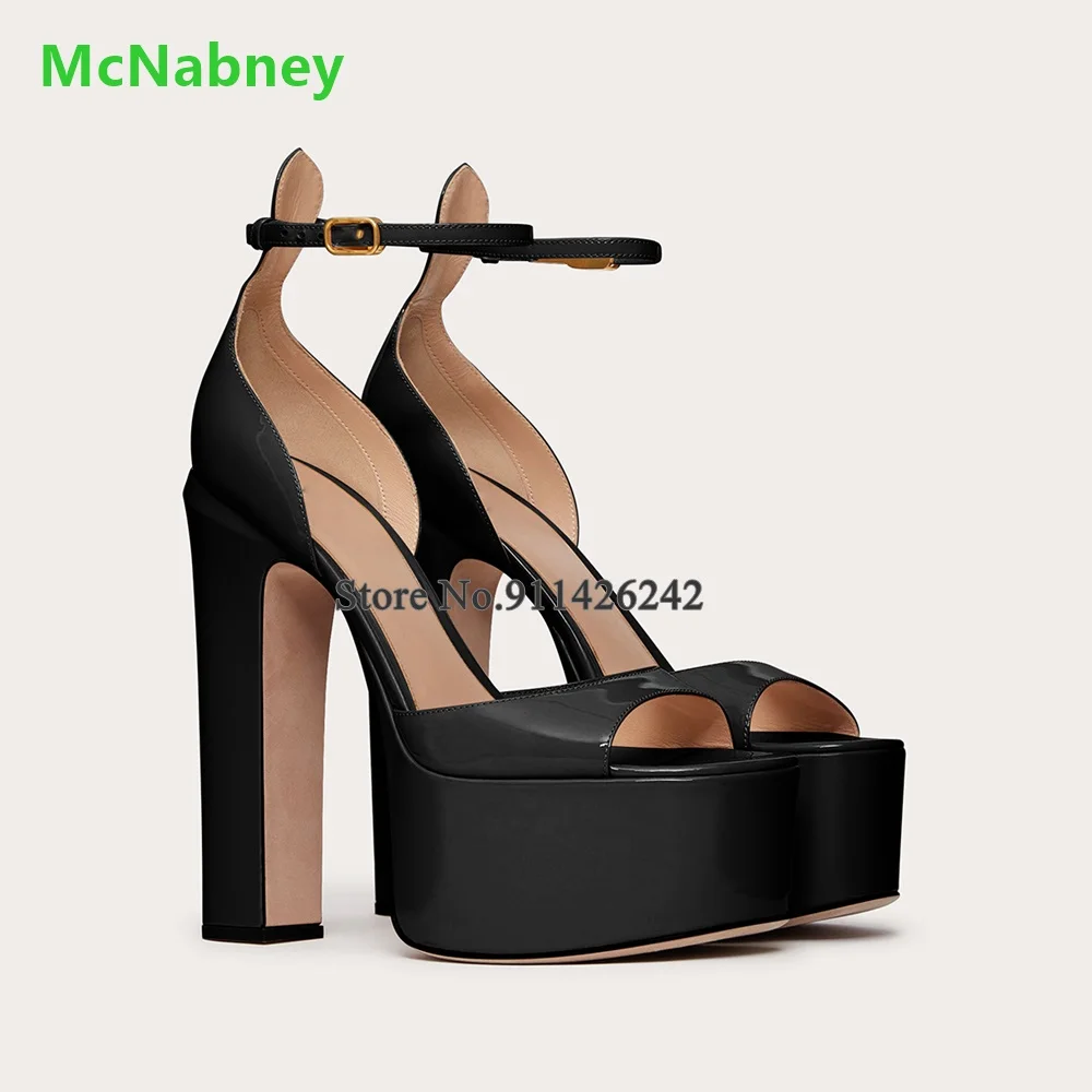 Peep Toe Luxury Design Sqare Heel Sandals For Female Women Solid Elegant Fashion Summer Dress Platform Ankle Buckle Strap Shoes