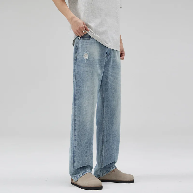 

N80 American simple light blue jeans with holes for men loose casual retro popular all-matching straight micro-taper pants