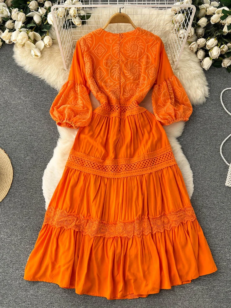 New Women Lantern Sleeved Elegant Dress Summer French Hollowed Out Mid Length Dresses Korean Style Vintage Long Dress