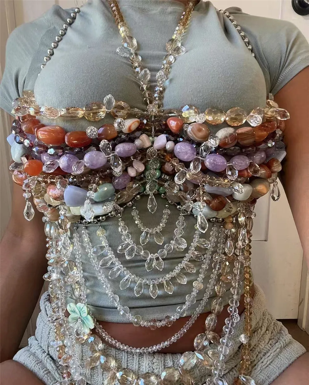 

New Color Gemstone Choker Necklace With Sexy Backless Body Chain Music Festival Hot Girl Layered Necklace Set