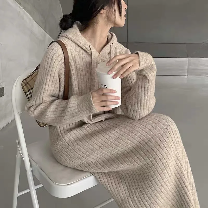 

2024 Autumn and Winter Women Dresses Fashion Long Sleeve Hoodie Knit Dress Casual Hooded Dresses for Women Pullover Dress R125