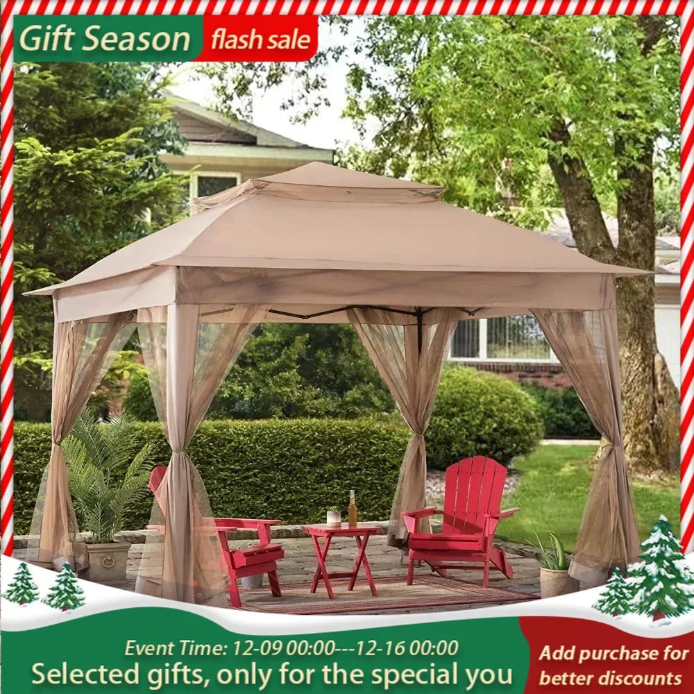 11x11 ft. Pop-Up Instant Gazebo, Outdoor Portable Steel 2-Tier Top Canopy/Tent with Netting and Carry Bag, Patio Umbrellas Tents