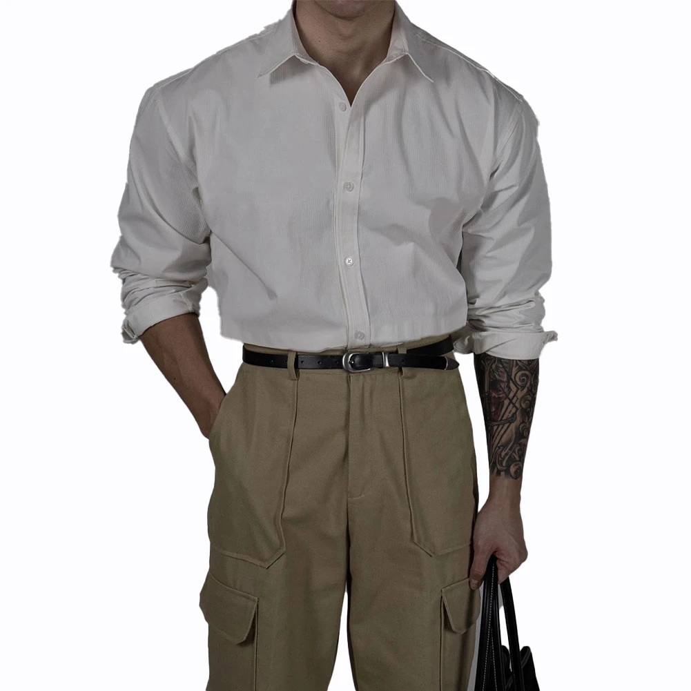 เสื้อคอปกแขนยาวผู้ชายแนวสตรีทเสื้อติดกระดุมเสื้อปาร์ตี้ Baju otot