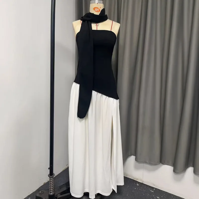 Abito lungo estivo da donna con spacco irregolare, elegante, a contrasto, con nastro sottile e lacci sul retro, senza spalline, novità