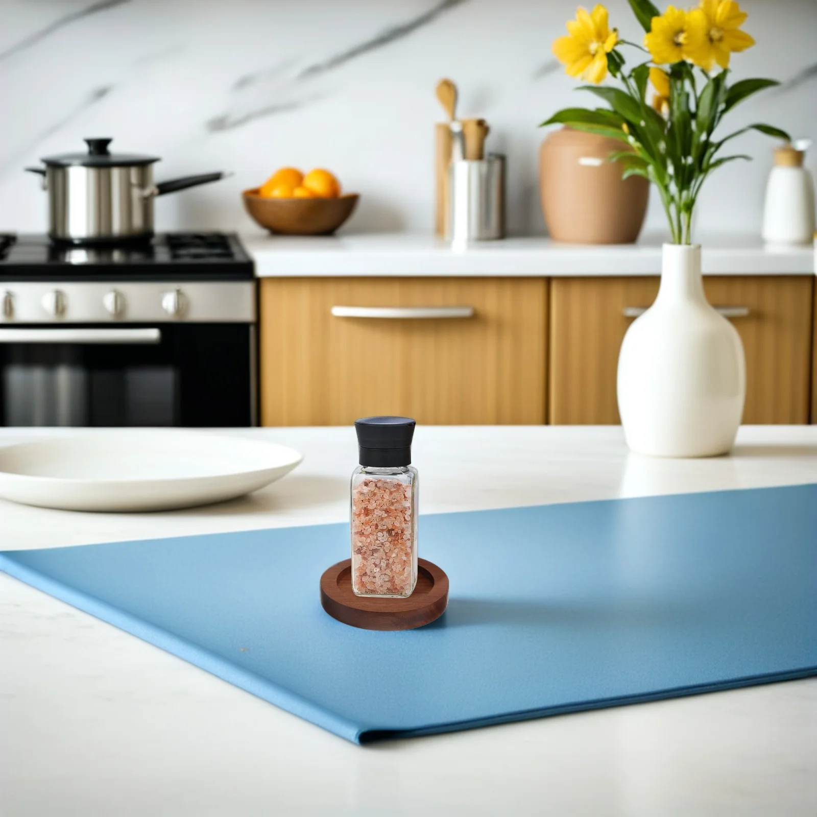 

Acacia Wood Salt Pepper Grinder Tray Round Base Non-Slip Kitchen Counter Organizer Manual Coffee Bean Grinder Stand Spice