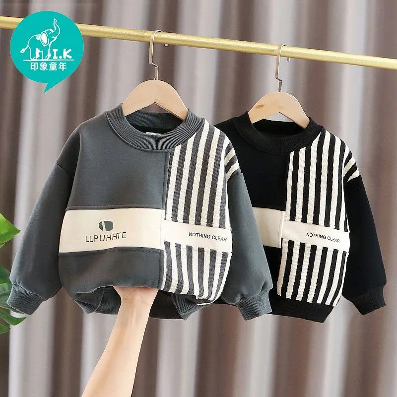 

Childhood Boy's Hoody Spring and Autumn 2022 New Children's Single-Layer Fleece-Lined Top Baby Bottoming Shirt Casual