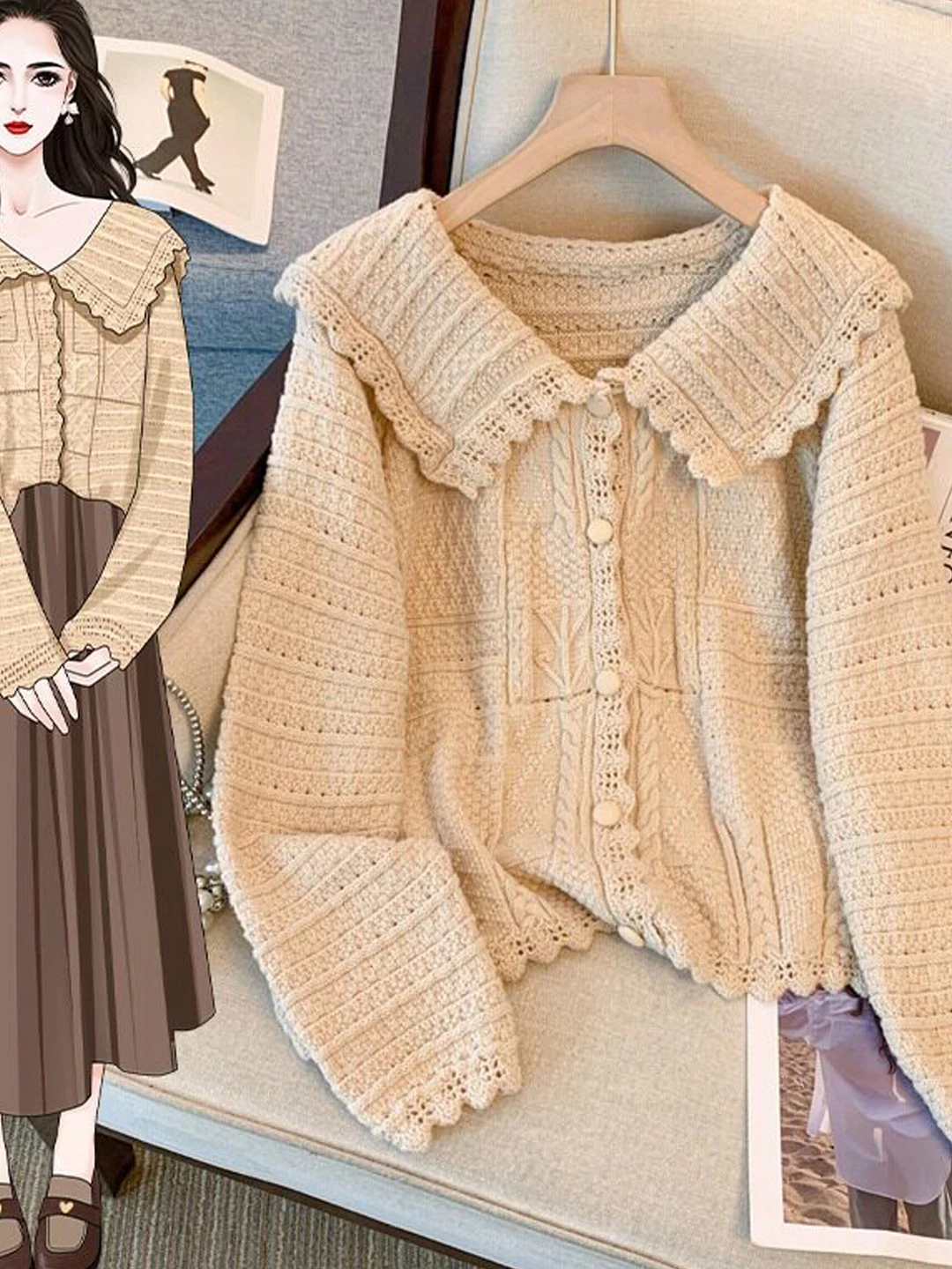 Loose Knitted Floral Embroidery Open Cardigan Women's Spring Autumn Fashionable Sweater Jacket Doll Collar Soft Polyester