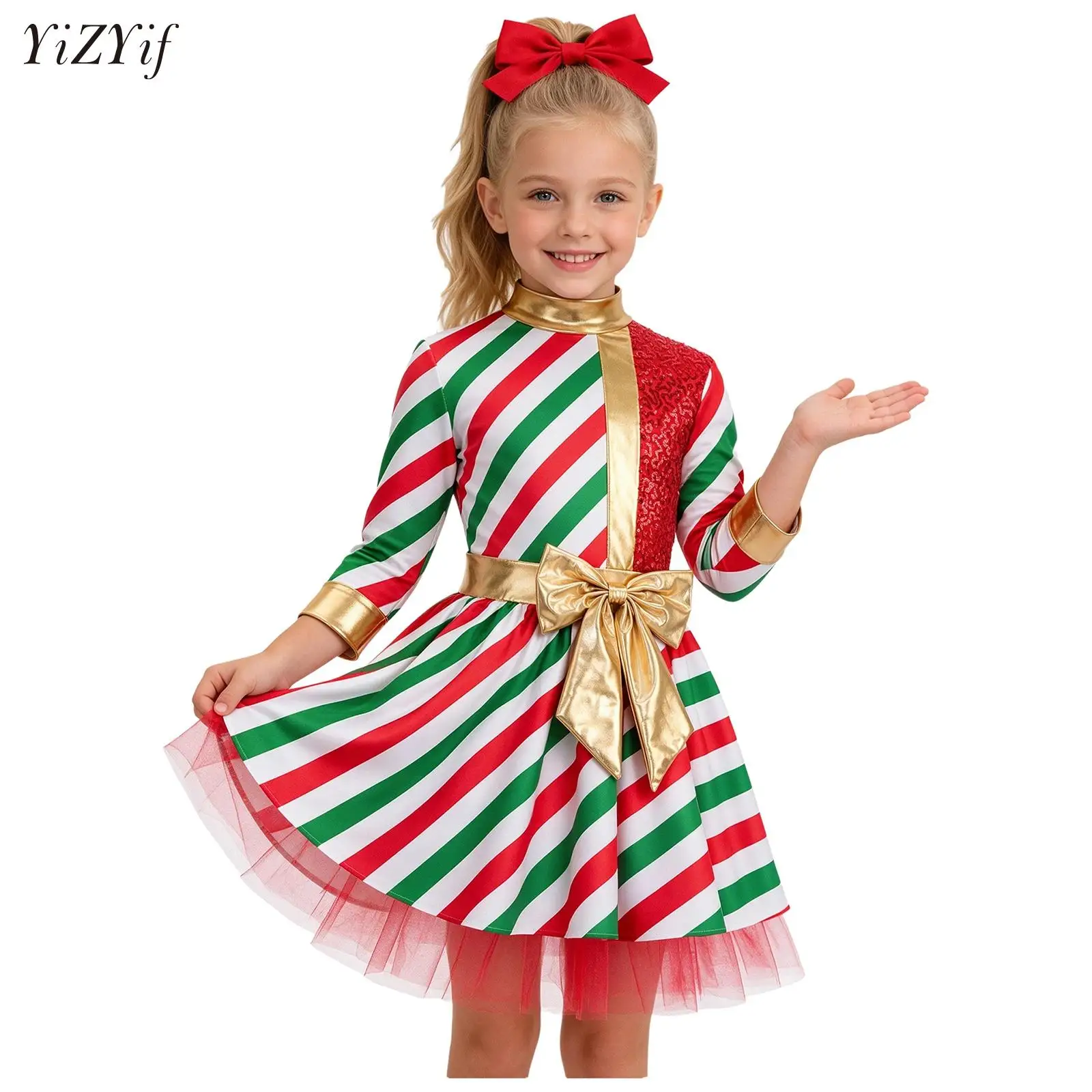 Kids Girls Christmas Ballet Tutu Dress Figure Skating Gymnastics Leotard Xmas Carnival Party Performance Dancewear Elf Costume