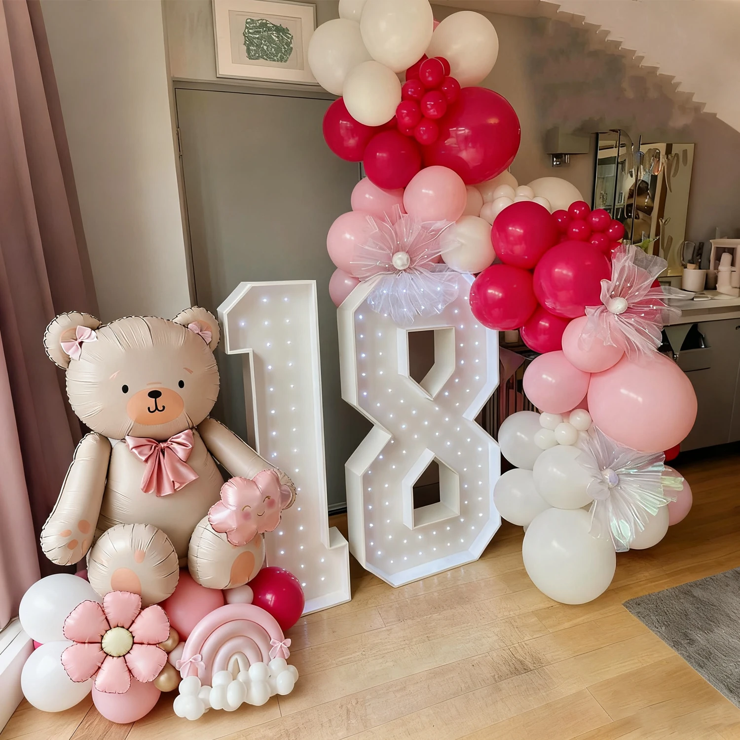 1Set Bow Bear Balloon Set with Pink Daisy Balloon Cloud Aluminum Film Balloon for Birthday Party Shower Proposal Wedding Decor - view 4