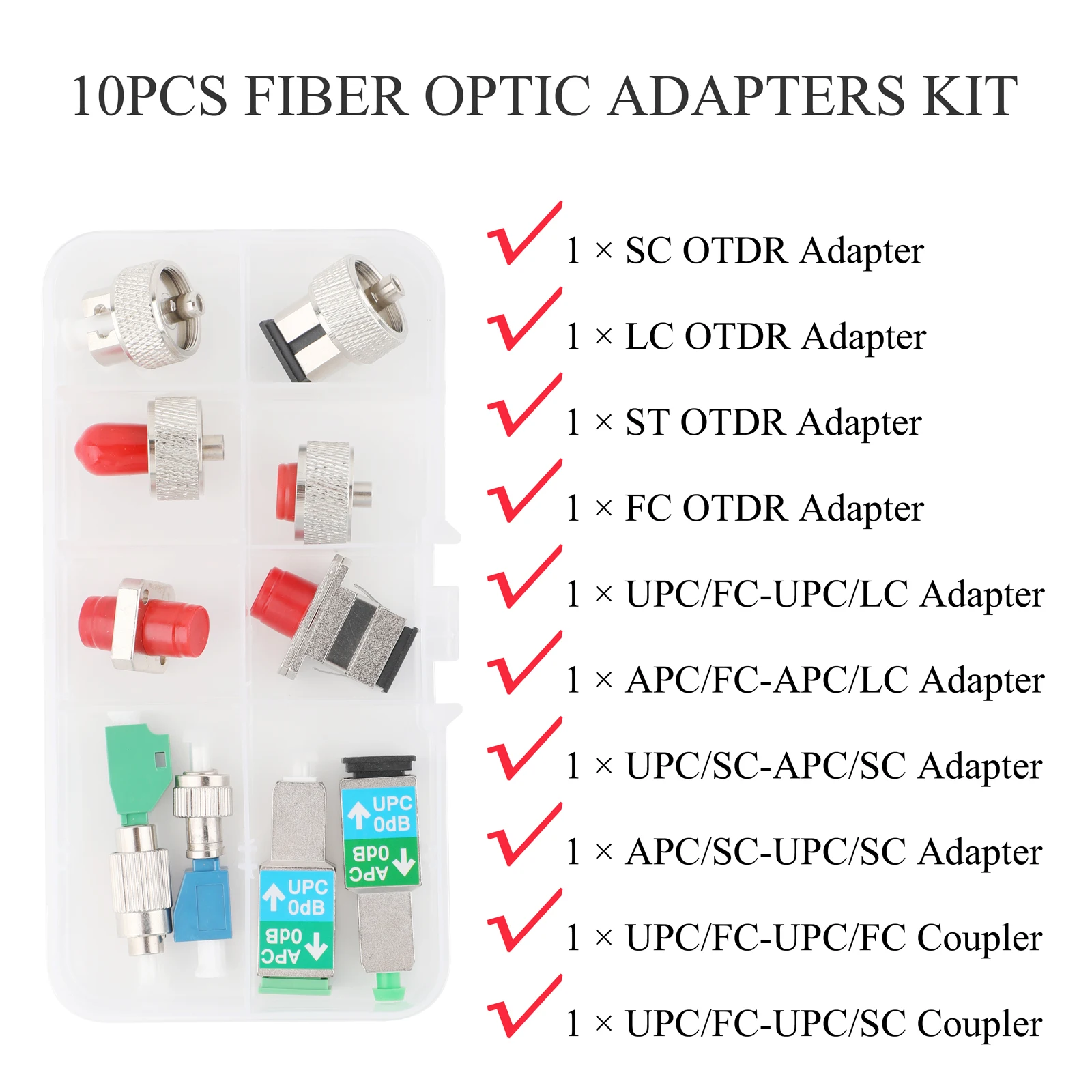 10個の光ファイバーアダプターキット、otdrアダプターsc-fc-st-lcコネクター、otdrテスト用