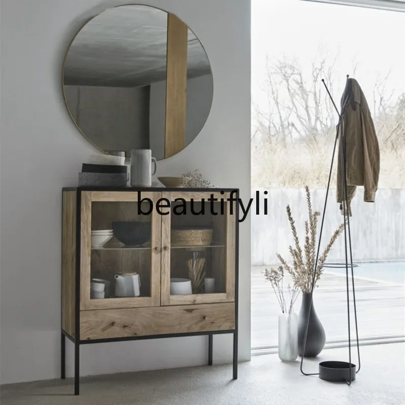 

Nordic Solid Wood Sideboard Storage Cabinet Wabi-Sabi Style Natural Wood Chest Oak Living Room Entryway Storage Cabinet