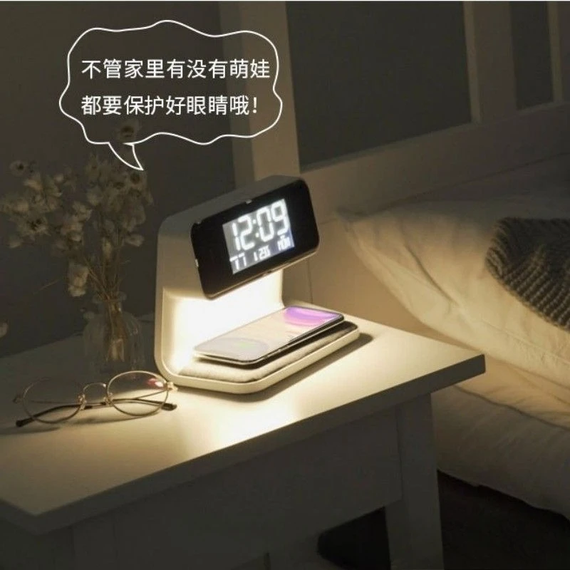 Criativo três-em-um quarto moda relógio luz noturna carregador sem fio 15w carregamento rápido luz ambiente de cabeceira