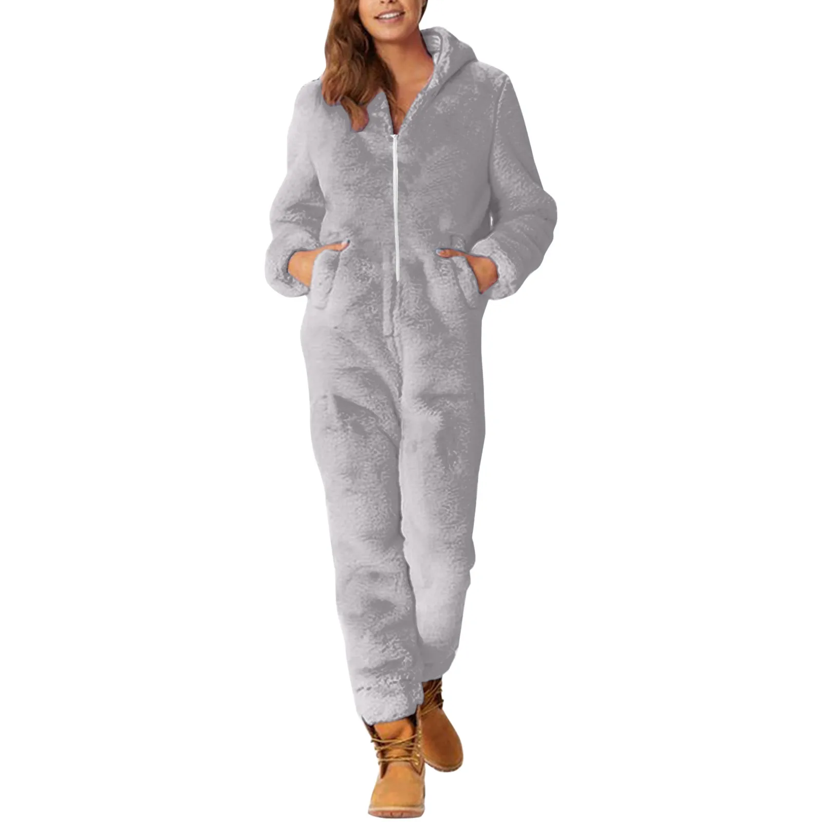 Women\'s Plush Romper Onesies Autumn Winter Flannel Pajamas Sleepwear Zipper Hooded Keep Warm Fluffy Fleece Jumpsuits Homewear