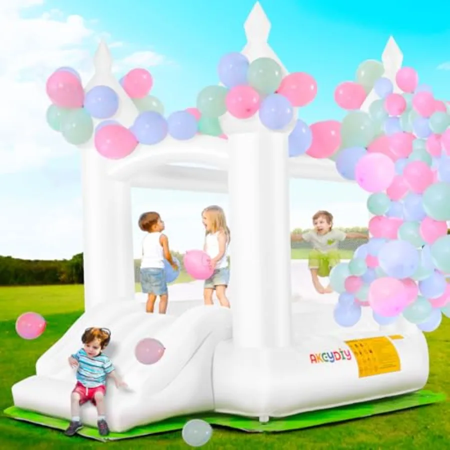 

White Inflatable Bounce House with Slide for Indoor Outdoor Birthday Wedding Party 101x70x95in 108 Balloons Floor Mat No Blower