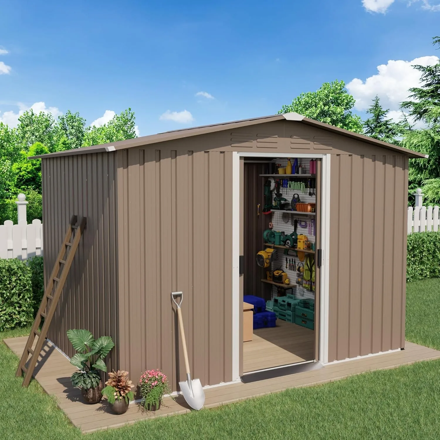 

8'x6' Outdoor Storage Shed Outdoor Galvanized Metal Tool Shed with Vents & Sliding Door, Waterproof Garden Shed Brown