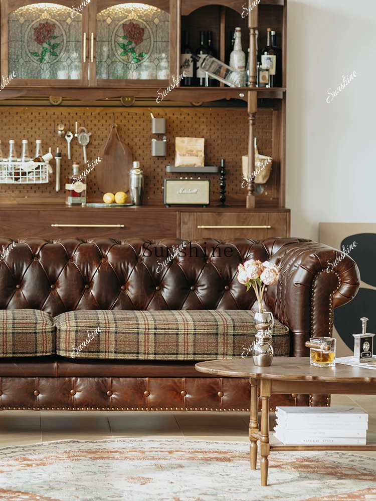 

Retro American living room three people, oil wax leather straight row sofa FT