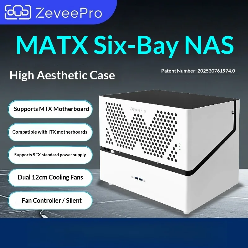 Full Height PCIe Slot 6-Bay NAS Case, Tool-less Hot-Swap, Supports MATX/ITX & SFX PSU for Home Server Storage