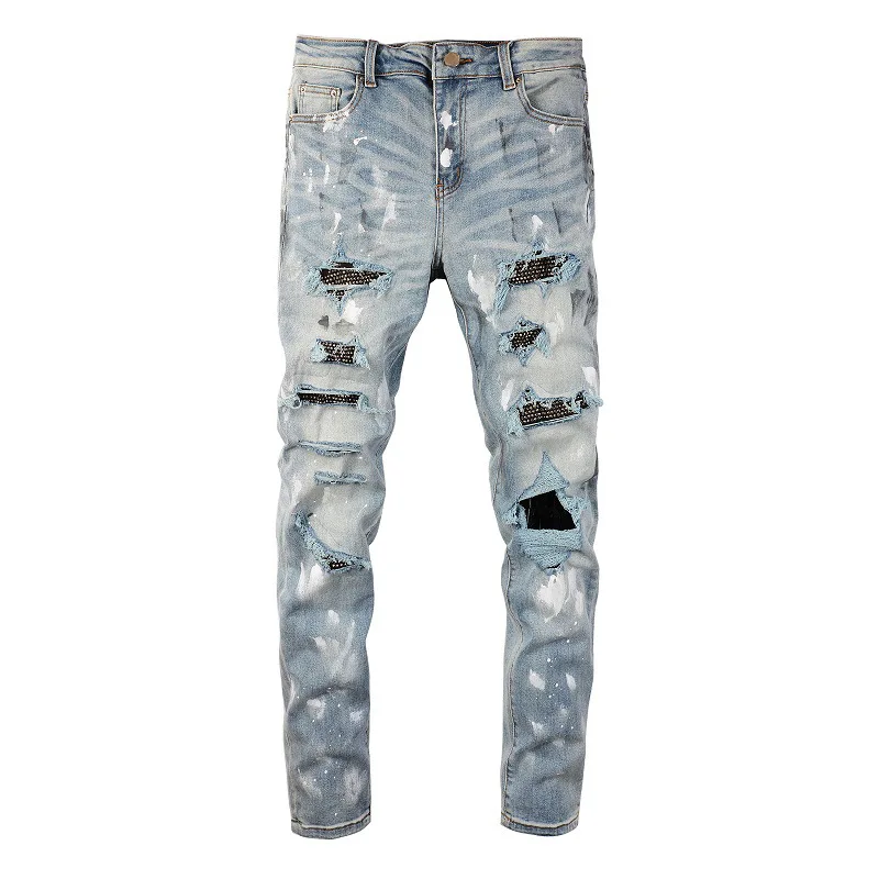 

Men graffiti slim fit jeans high street trendy paint diamond encrusted hole patch American pants