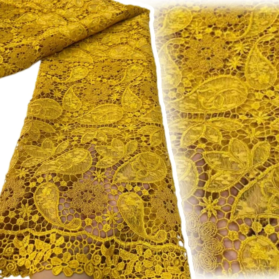 

5 ярдов чистого желтого мягкого водорастворимого французского гипюрового кружева, африканский тюль, сетчатая вышитая ткань для свадебных торжеств 2323