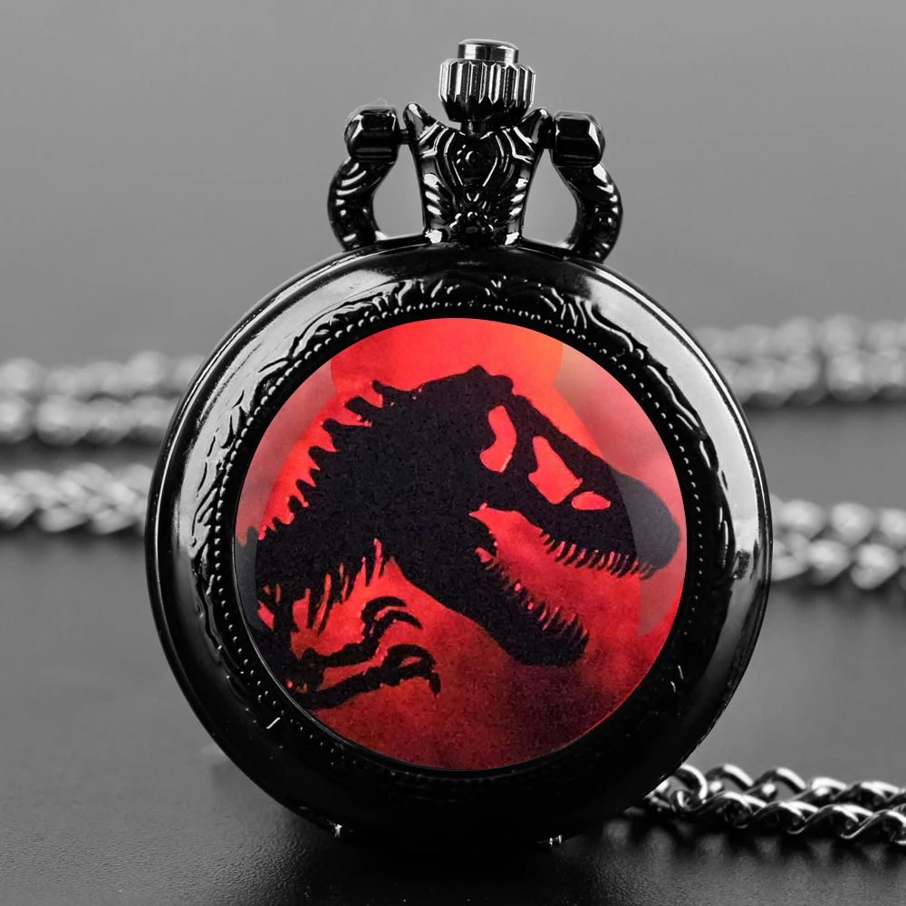 Exquisite Gift Jurassic Park Dinosaur Glass Dome Quartz Pocket Watch Necklace Men Women Unique Jewelry Pendant Birthday Gifts