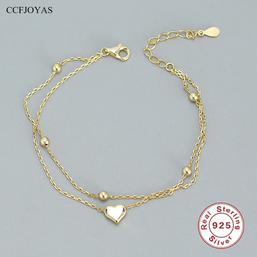 CCFJOYAS 100% 925 Sterling Silver Double Layer Heart-shaped Bracelet  for Women Girl Korean Style Small Fresh Summer Bracelet