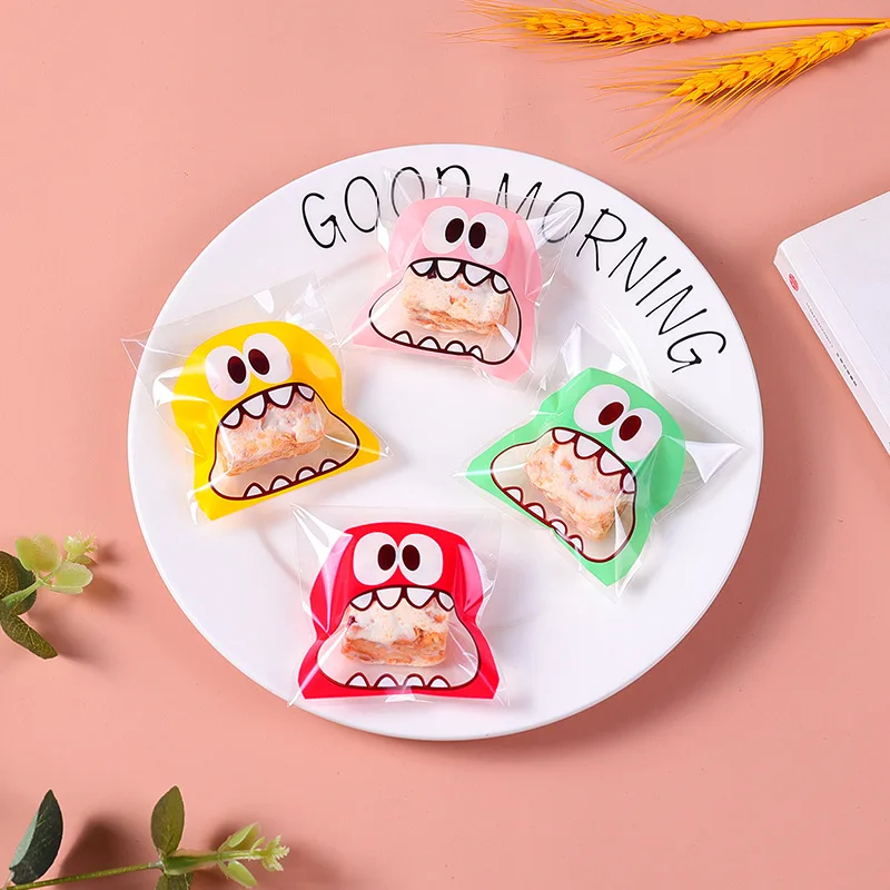 100PCS Cute Cartoon Monster Cookie Candy Self-Adhesive Plastic Bags For Biscuits Snack Baking Supplies Ramadan Valentine\'s Day