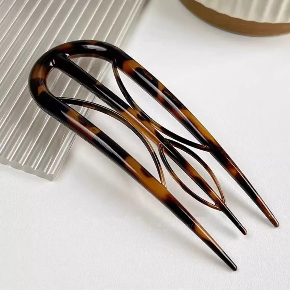 

Elegant Acetate U-shaped Hair Stick Leopard Print Geometric Hair Clip Multi-pronged Hair Fork Women