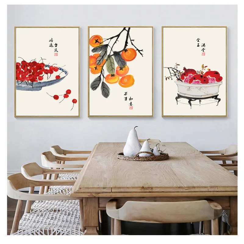 1pc frameless Canvas Painting New Chinese Style Canvas Poster Auspicious Persimmon Ink Fruit Painting Lucky Good Luck Symbol Din