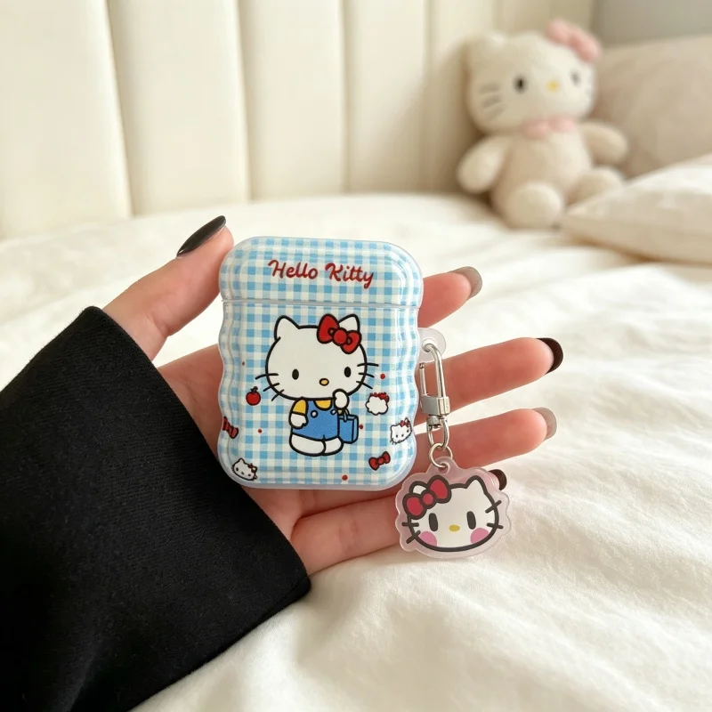 Cute Cartoon Small Fresh Blue Grid Hello Kitty Headphone Case For AirPods 4 2 3 1 Pro 2 3 Wireless Bluetooth Headphone Case view 2