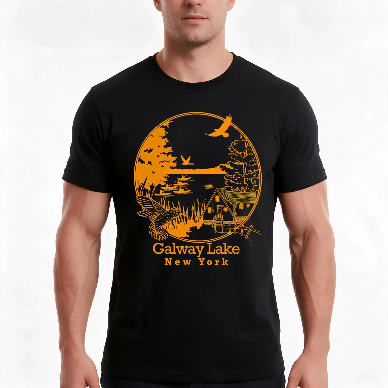 Galway Lake Single Color Golden T-Shirt, Summer Casual Cotton Tee, Oversized Streetwear Tops, Vintage Graphic Print, 100% Cotton