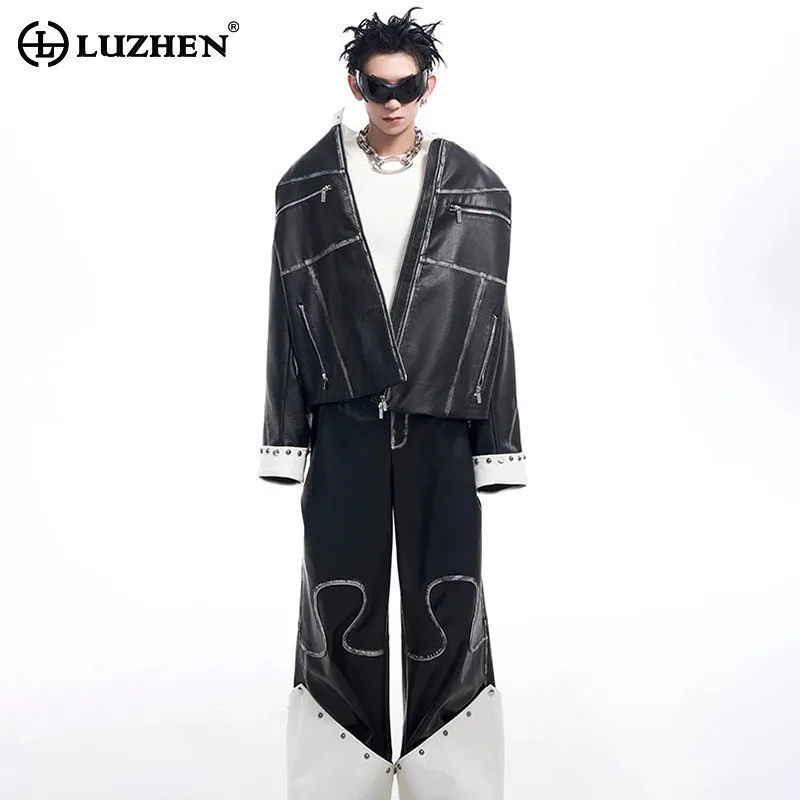 LUZHEN Leather Jackets Punk Motorcycle Clothing Handsome Wornout Patchwork Design Street Men\'s Casual Pants American New LZ5920