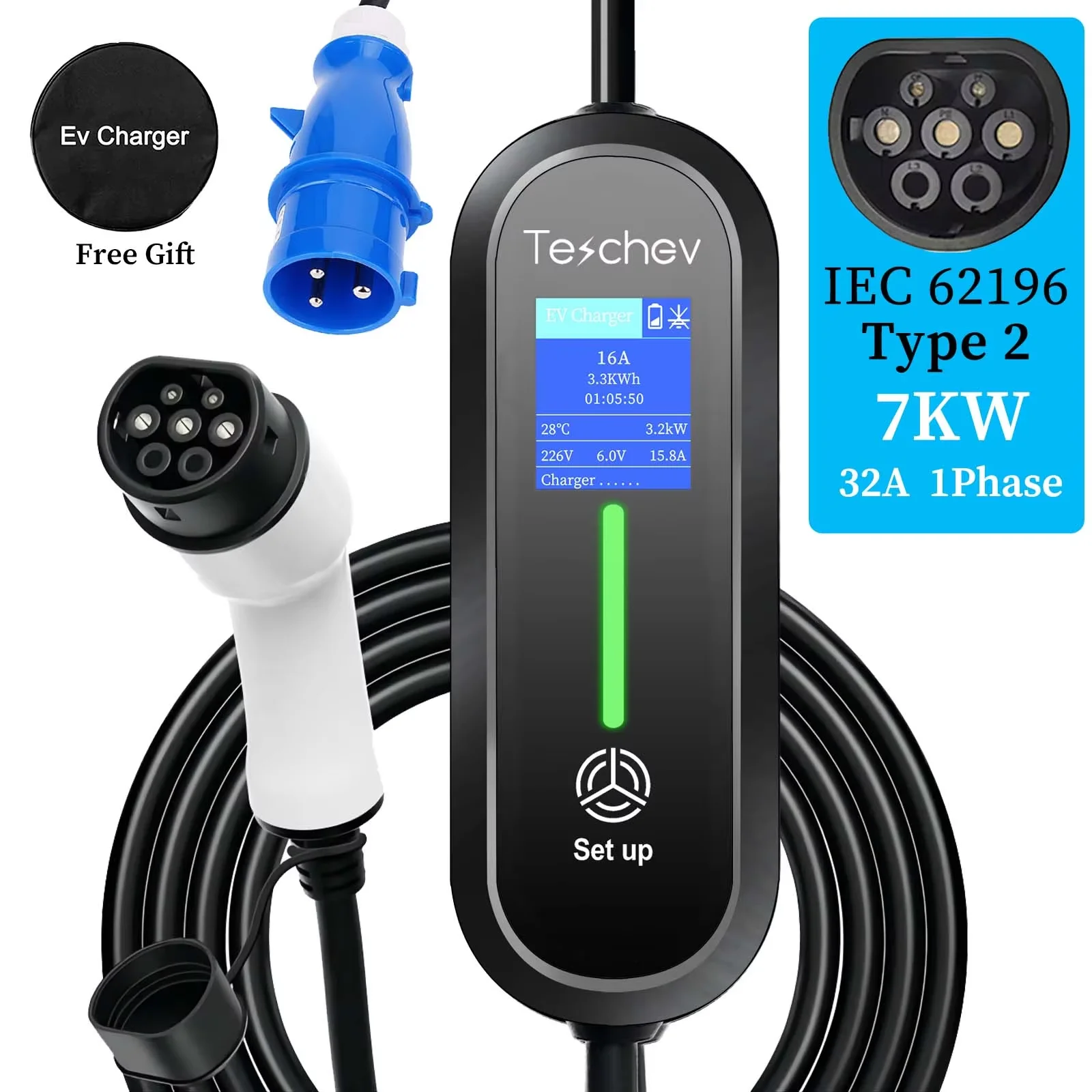 Teschev draagbare EV-oplader Type2 IEC 62196 elektrische autolader 3,5 kW 16A 1 fase EVSE snel opladen Wallbox EV-laadstation