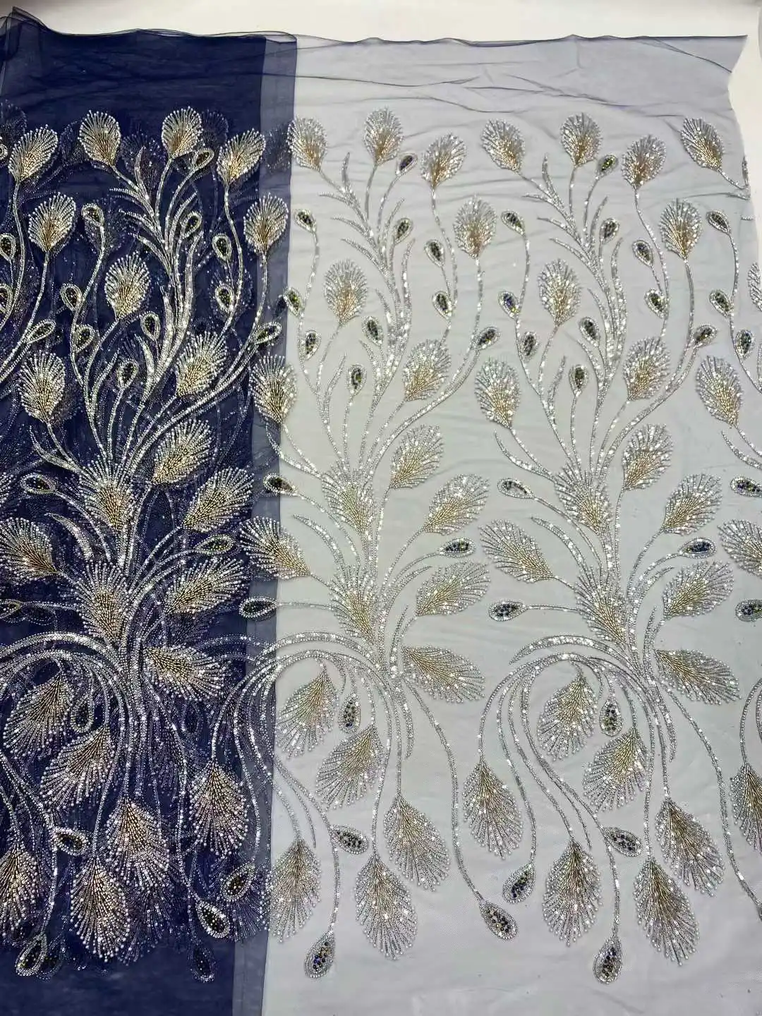 Blue Embroidery Nigeria Sequin Bead Tulle Lace Fabric 2026 High-Quality African Mesh Lace Party Dance Dress Sewing Material 045