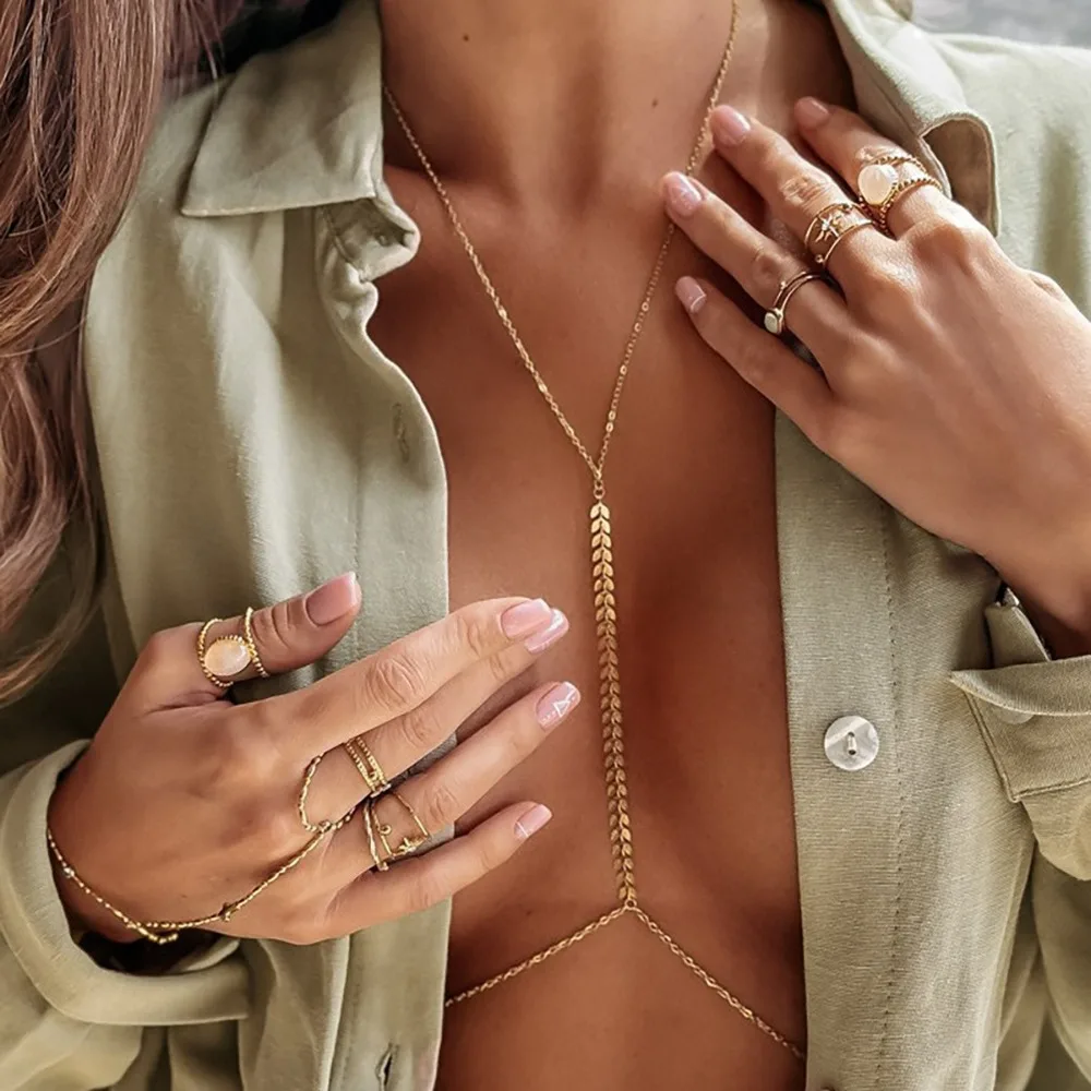 Trendy Arrow-shaped Fish Bone Chest Chain Necklace for Women Layered Waist Belly Chain Beach Party Rave Outfit Sexy Body Jewelry