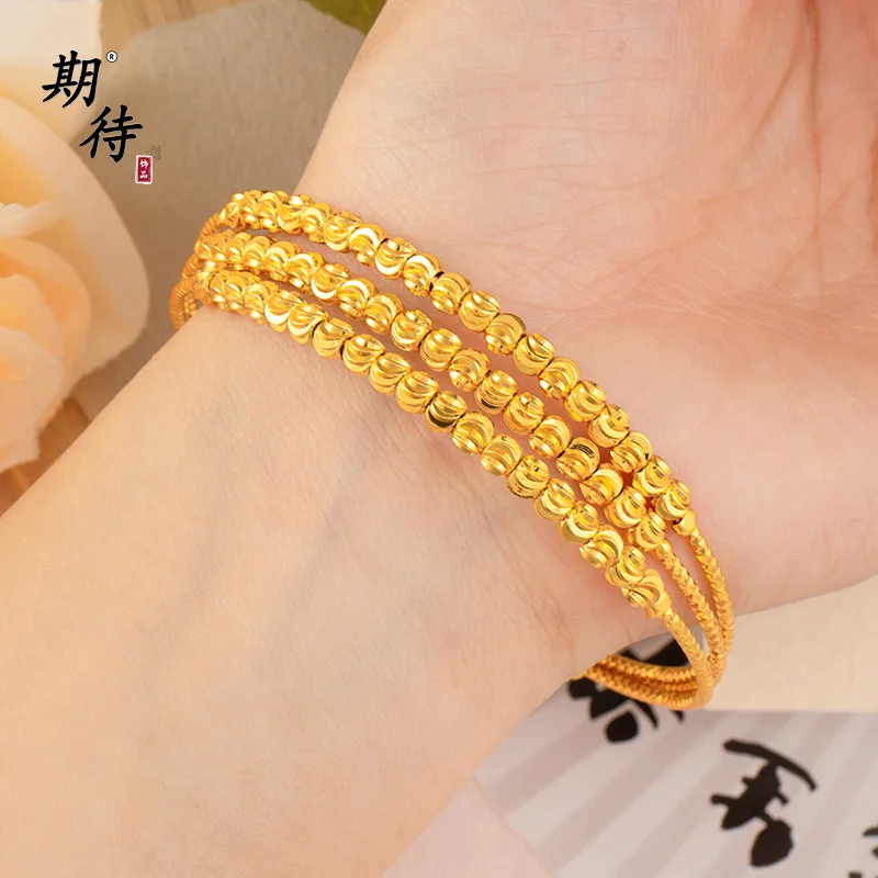 Luxury 24K 9999 Pure Gold real gold Women's Three-Line Watermelon Bead Bracelet Twill Beaded Bracelet