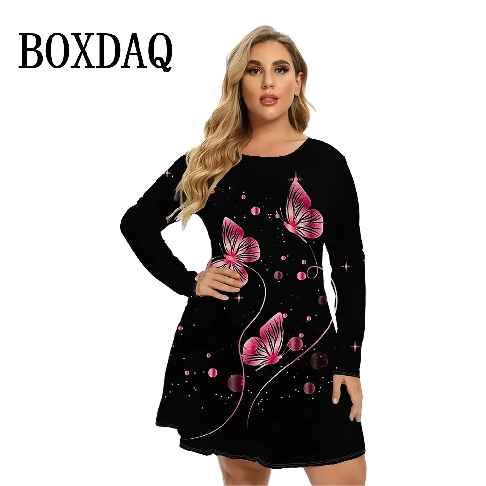 Mode Vlinder Print Vrouwen Jurk Herfst Winter Grote Maten Lange Mouwen Mini Jurk Casual Losse Plus Size Dames A-Lijn Jurk