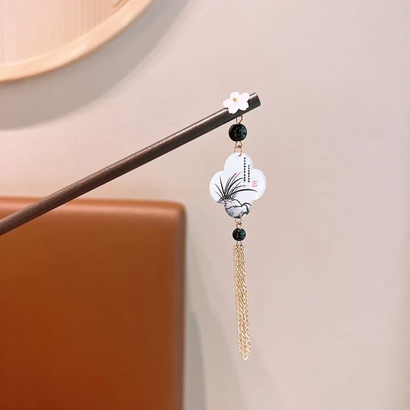 Exquisite Flower Tassel Wooden Hairpin Retro Chinese Style Handmade Floral Hair Stick Vintage Girls Women Hanfu Hair Accessories image 6