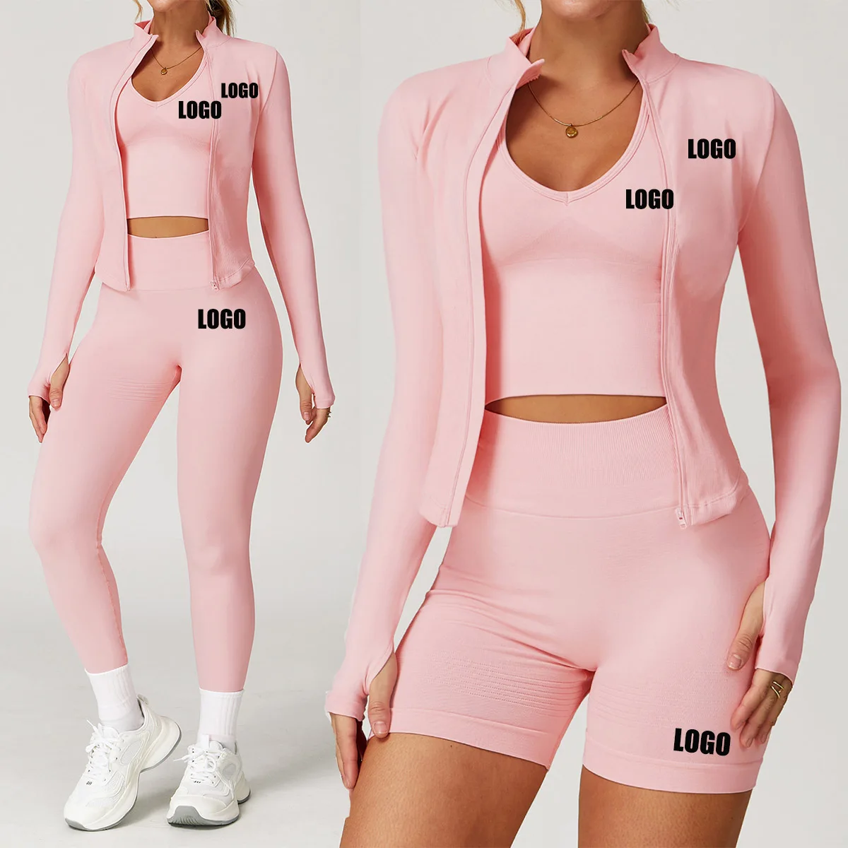 

Customized LOGO women's seamless I-shaped beautiful back sports thread waist and hip yoga set fitness yoga suit three-piece set