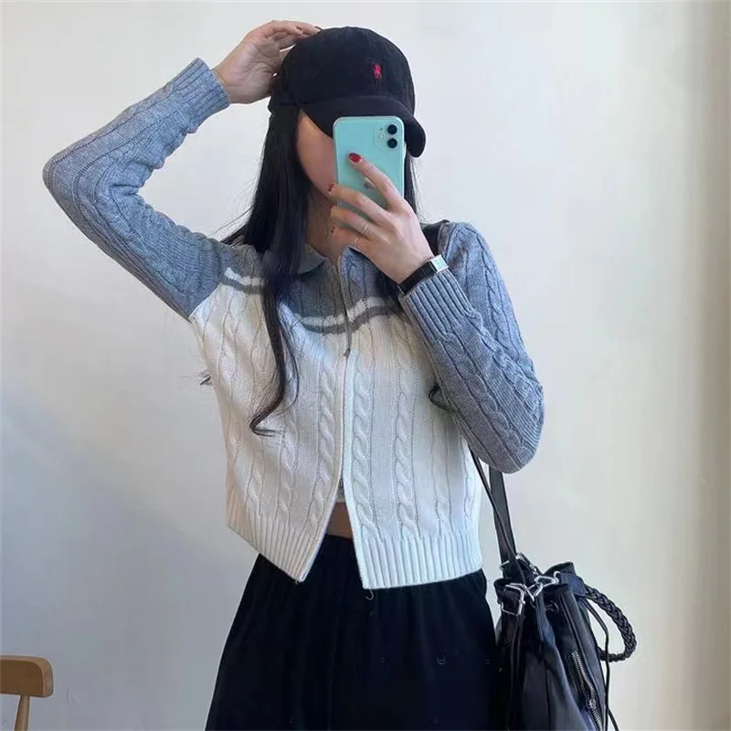 Cropped Cardigan for Women Vintage Skinny Chic Hotsweet Zipper Twist Sweater Coat Streetwear Harajuku Womens Clothing