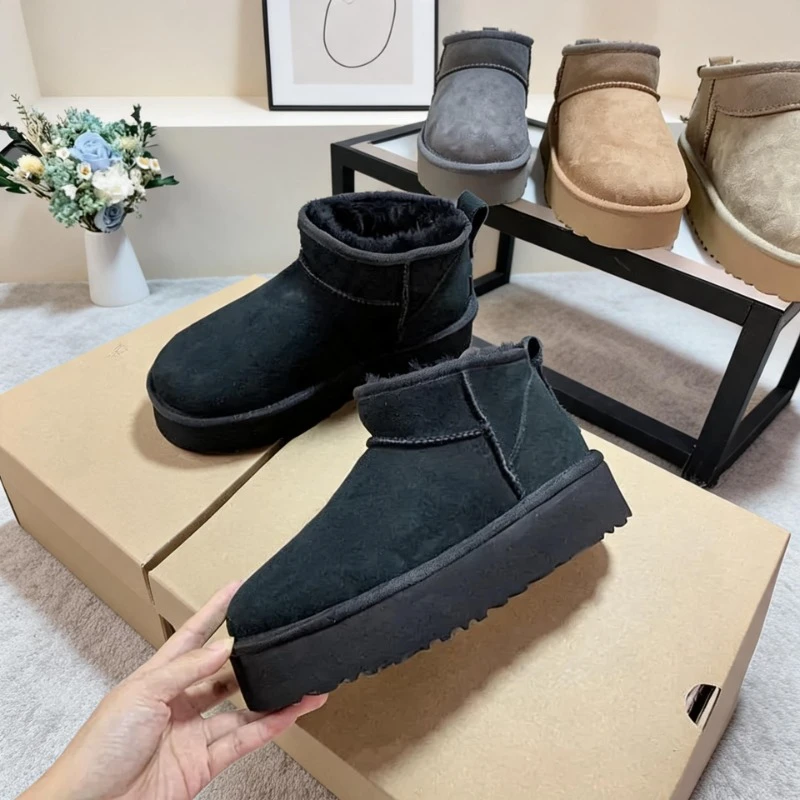2026 Luxury Brand Women Snow Boots Flat Ankle Shoes Winter Fur Loafer Mini Tasman Black