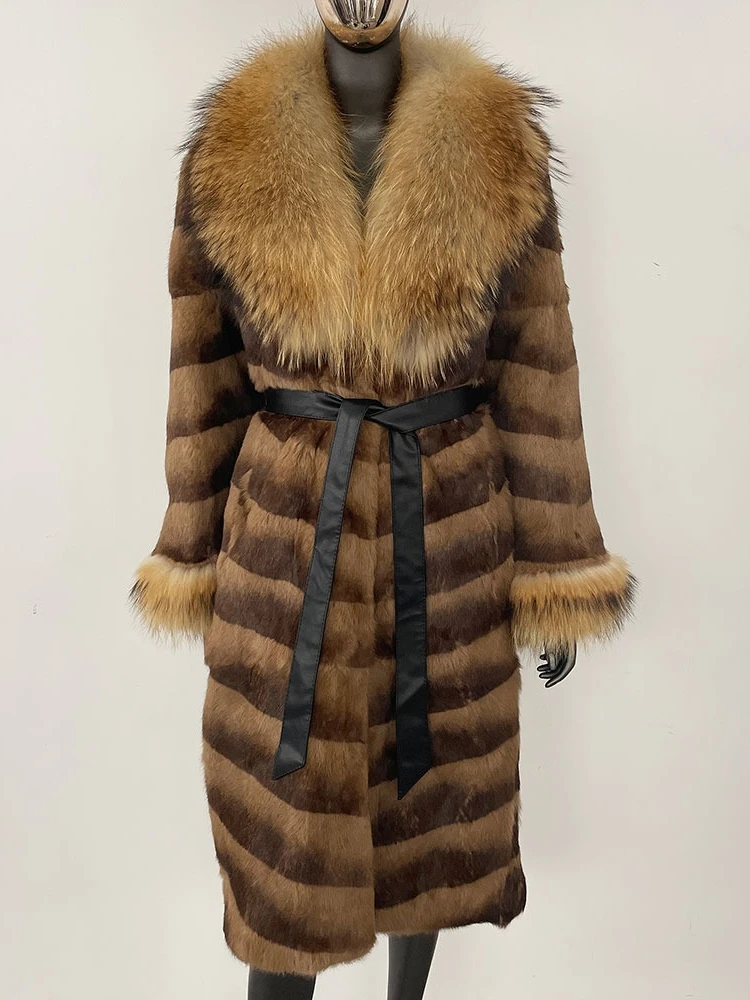 

2025 Women Fashion Warm Luxury Coat Long Real Rabbit Fur Jacket Female Natural Raccoon Fur Collar 2025 Winter ClothingLady