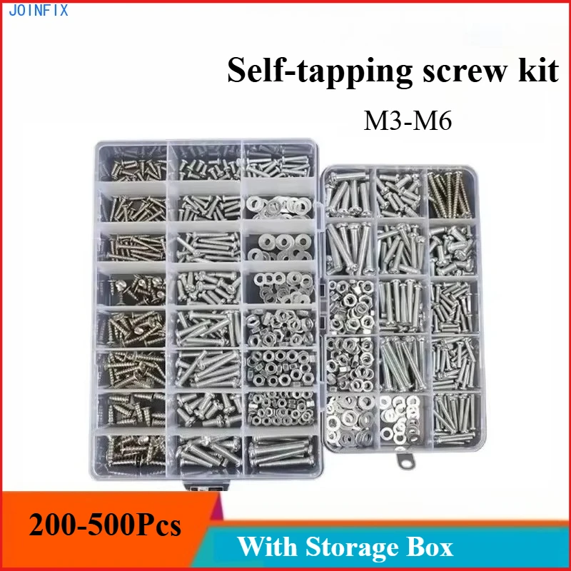 

200-500Pcs Self-tapping screw kit, round head cross, pan head screw nut gasket, with plastic box, suitable for home maintenance