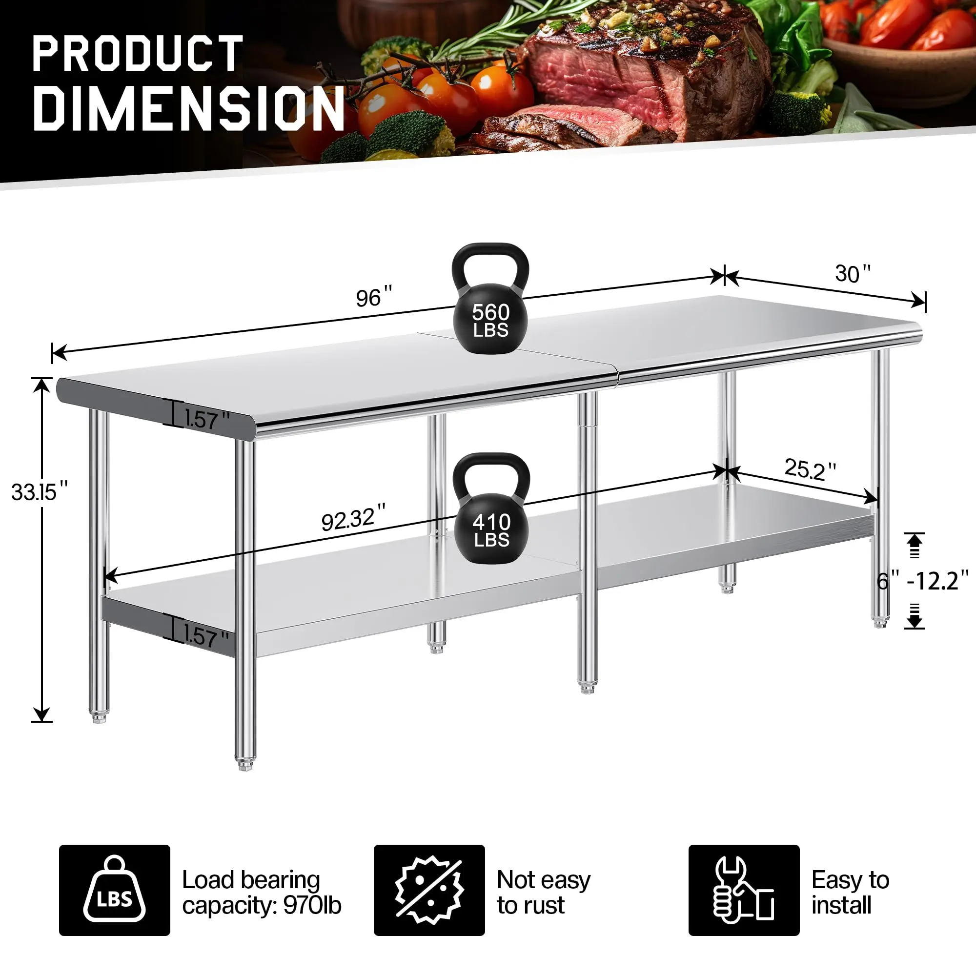 30 x 96 Inch Stainless Steel Work Table